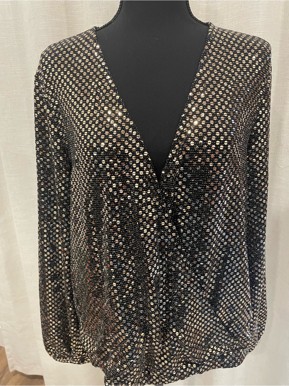 Black Metallic Dot V-Neck Party Blouse